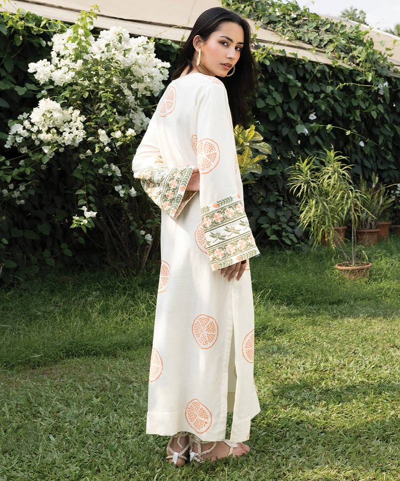 Cream white peach printed cotton kaftan