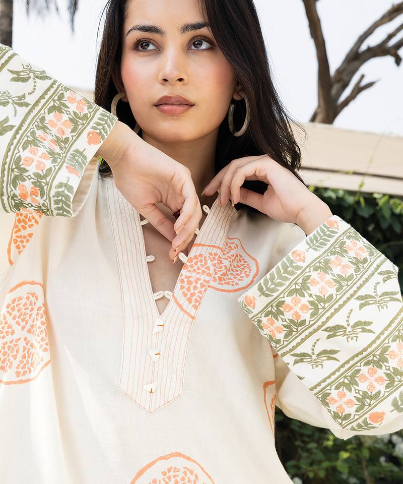 Cream white peach printed cotton kaftan
