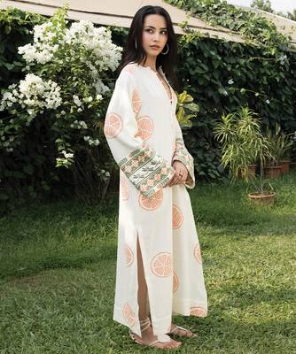 Cream white peach printed cotton kaftan 4