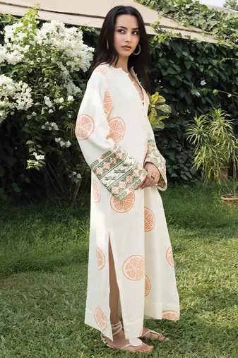 Cream white peach printed cotton kaftan
