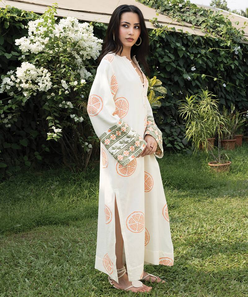 Cream white peach printed cotton kaftan