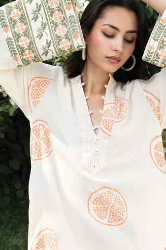 Cream white peach printed cotton kaftan