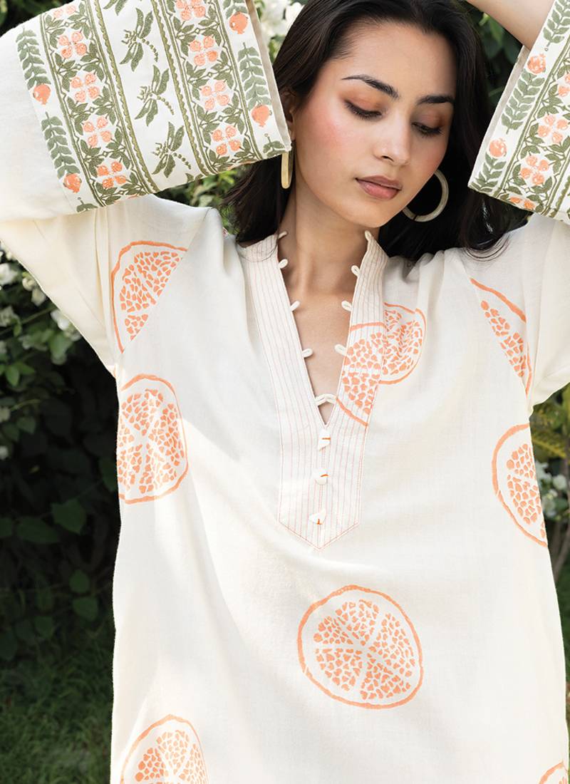 Cream white peach printed cotton kaftan