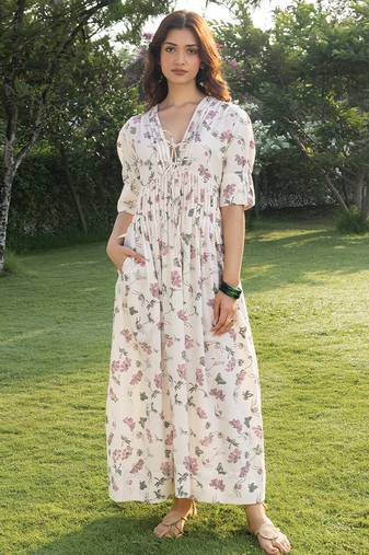 Off white printed cotton maxi dress