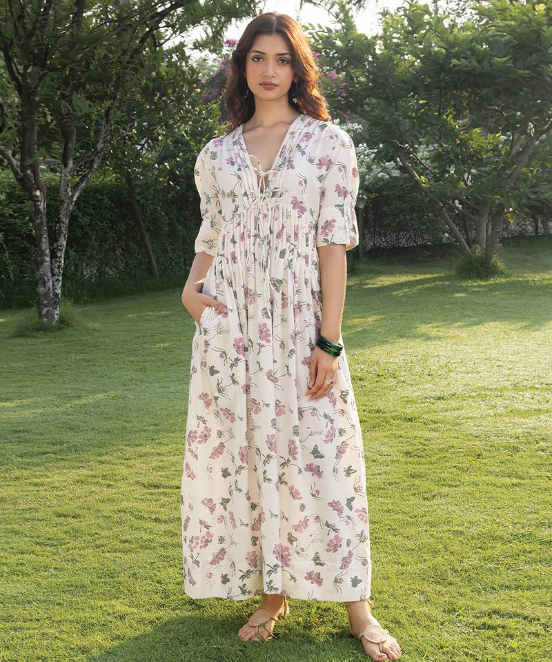 Off white printed cotton maxi dress