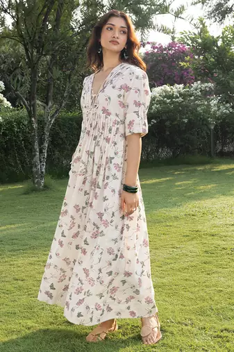 Off white printed cotton maxi dress