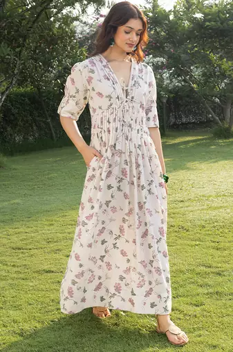 Off white printed cotton maxi dress