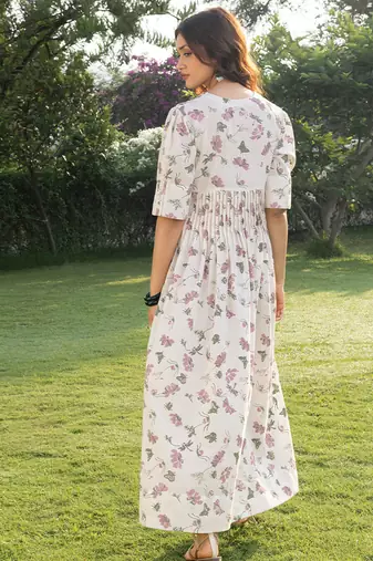 Off white printed cotton maxi dress