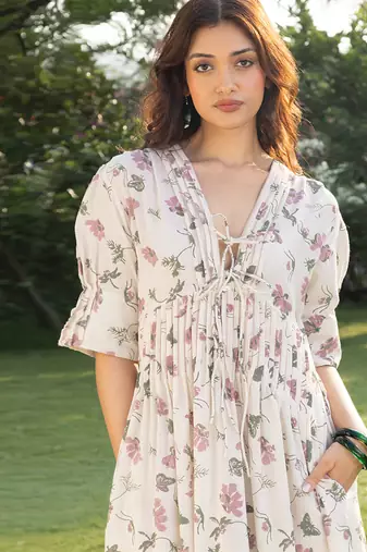 Off white printed cotton maxi dress