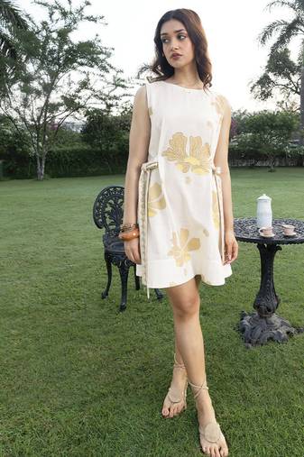 Off white printed cotton short dress