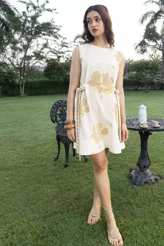 Off white printed cotton short dress