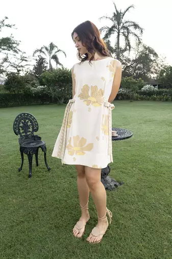 Off white printed cotton short dress