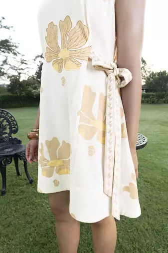 Off white printed cotton short dress