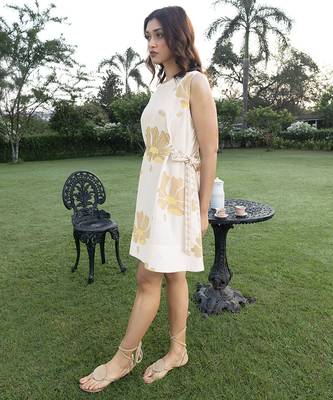 Off white printed cotton short dress 5