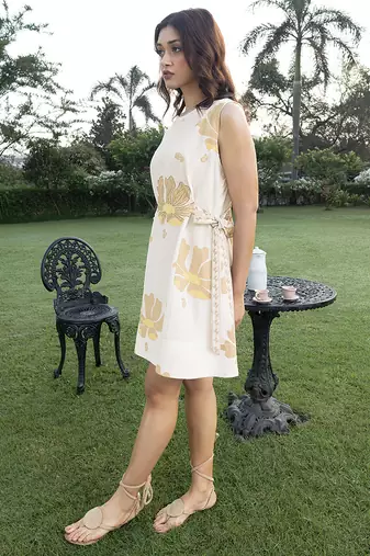 Off white printed cotton short dress