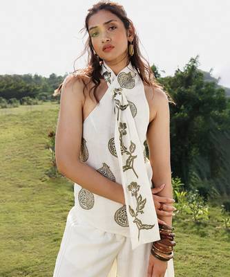 Ivory printed cotton halter top 1
