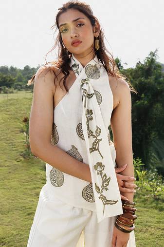 Ivory printed cotton halter top