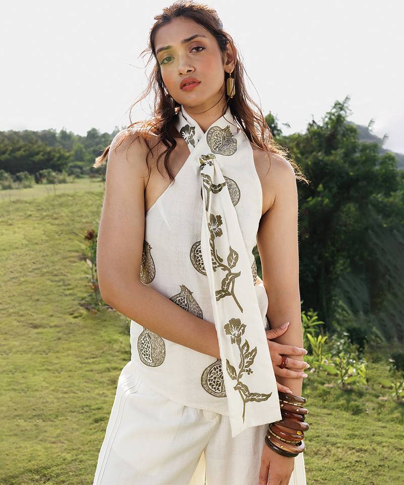 Ivory printed cotton halter top