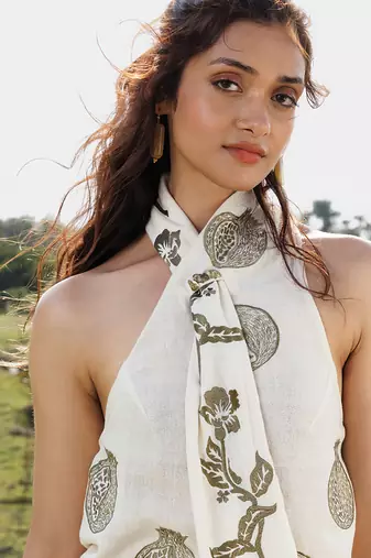 Ivory printed cotton halter top