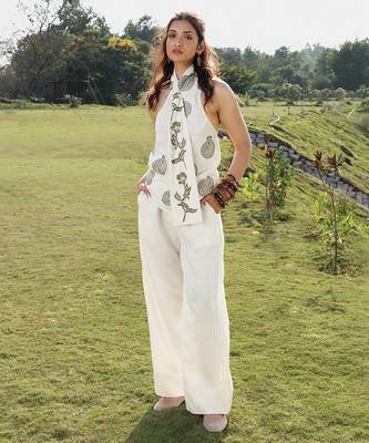 Ivory printed cotton halter top 4