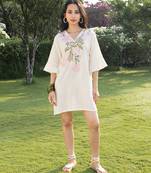 Cream pink printed cotton short dress