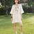 Cream pink printed cotton short dress