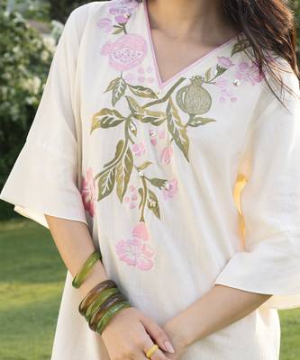 Cream pink printed cotton short dress 2