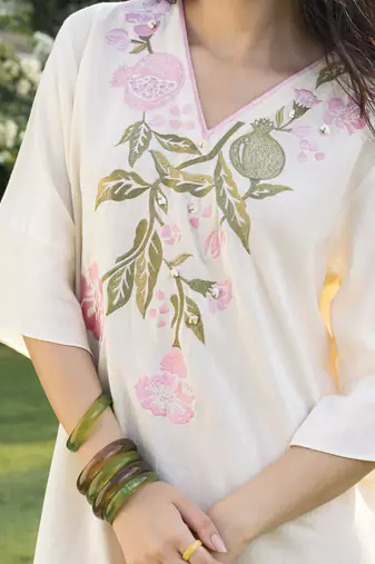 Cream pink printed cotton short dress