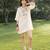 Cream pink printed cotton short dress
