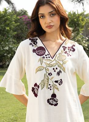 Cream burgandy printed cotton short dress 2