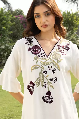 Cream burgandy printed cotton short dress