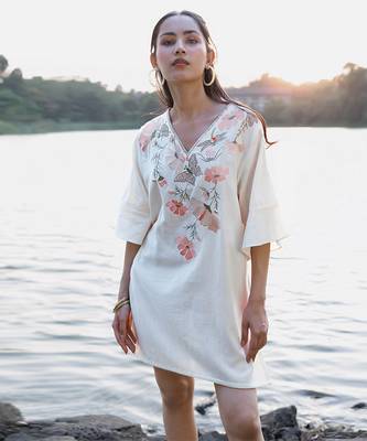 Off white floral printed cotton short dress 1