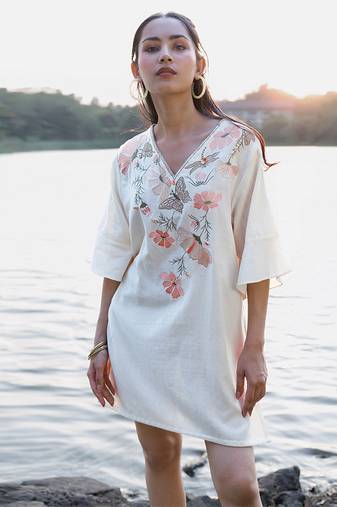 Off white floral printed cotton short dress