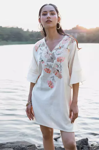 Off white floral printed cotton short dress
