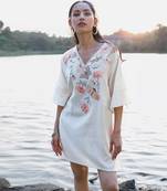 Off white floral printed cotton short dress