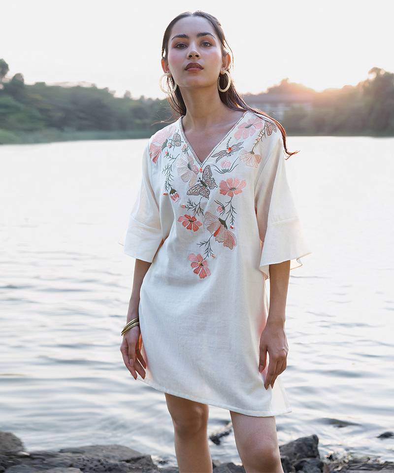 Off white floral printed cotton short dress