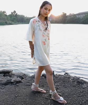 Off white floral printed cotton short dress 2