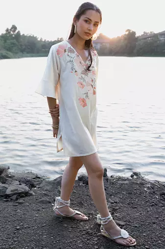 Off white floral printed cotton short dress