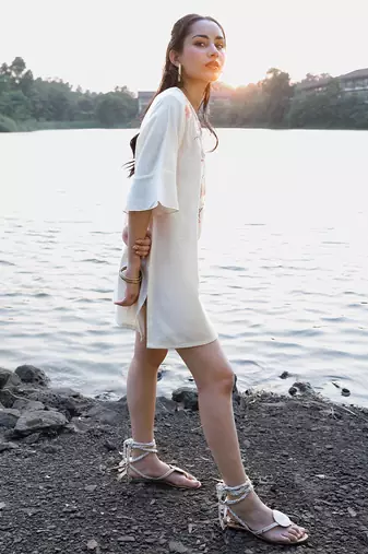 Off white floral printed cotton short dress