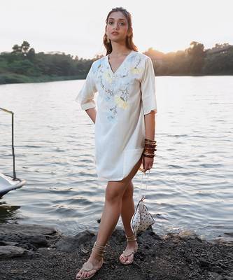 Off white floral printed cotton short dress 1