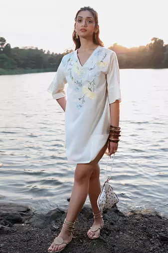 Off white floral printed cotton short dress