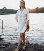 Off white floral printed cotton short dress