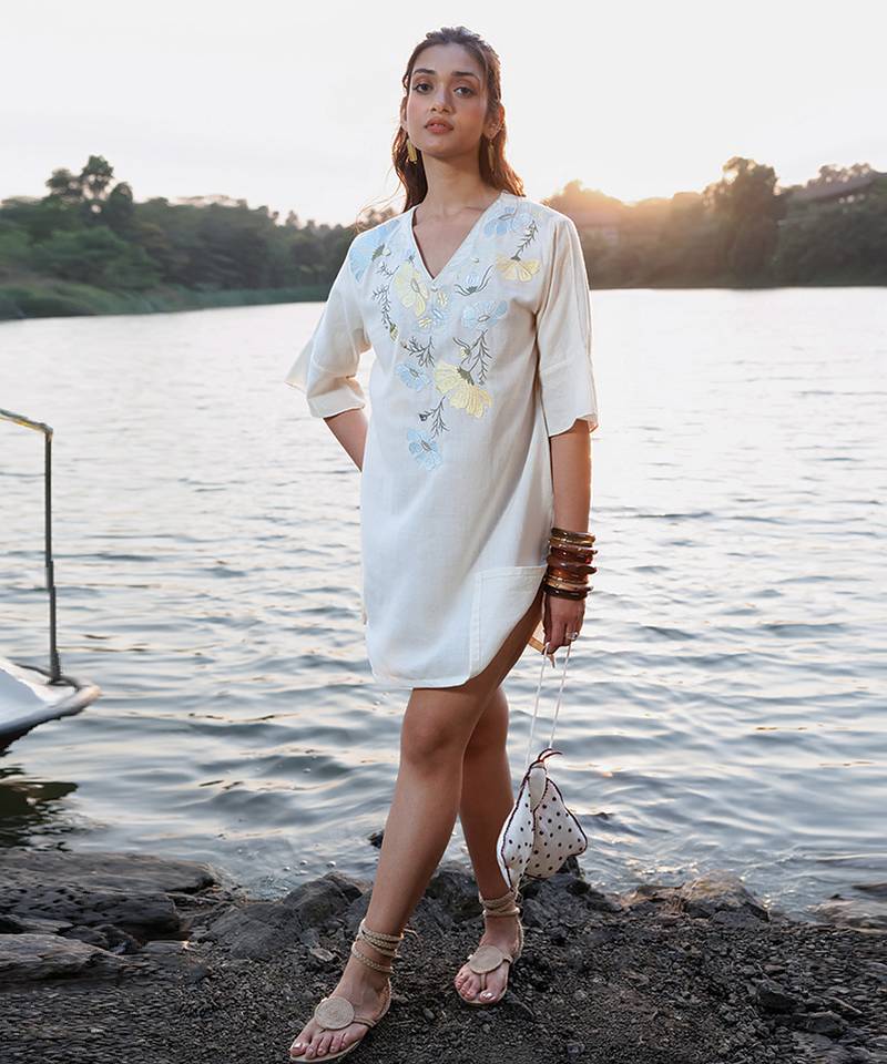 Off white floral printed cotton short dress
