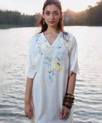 Off white floral printed cotton short dress 2
