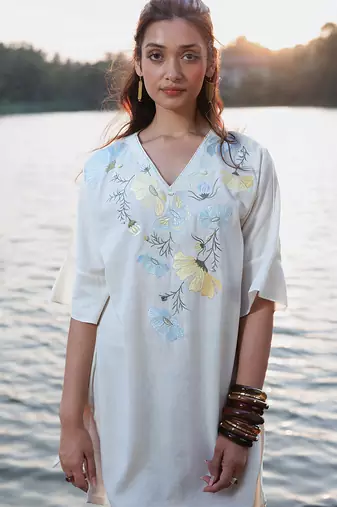 Off white floral printed cotton short dress