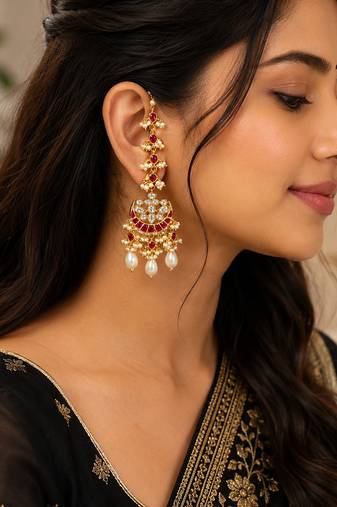 Traditional gold plated kundan & ruby stone long chandbali earrings with pearl drops for women