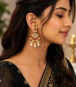Traditional gold plated kundan & ruby stone long chandbali earrings with pearl drops for women