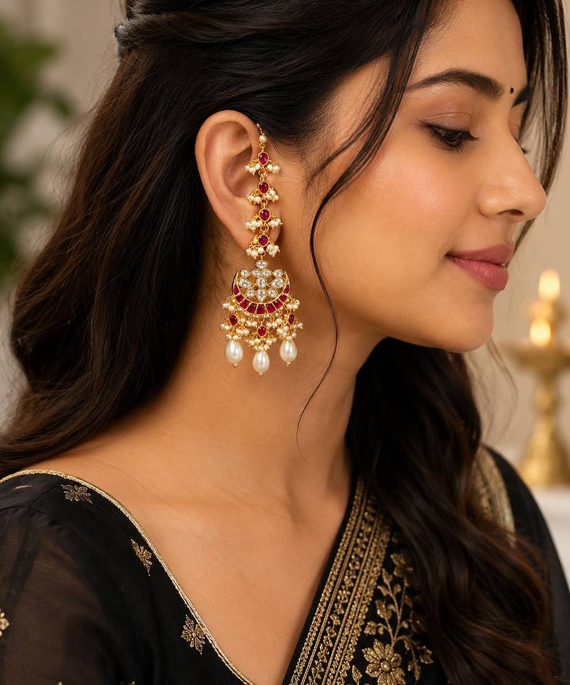 Traditional gold plated kundan & ruby stone long chandbali earrings with pearl drops for women
