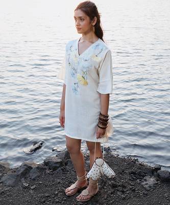 Off white floral printed cotton short dress 3