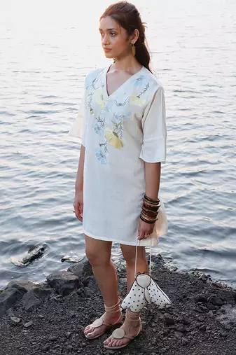 Off white floral printed cotton short dress